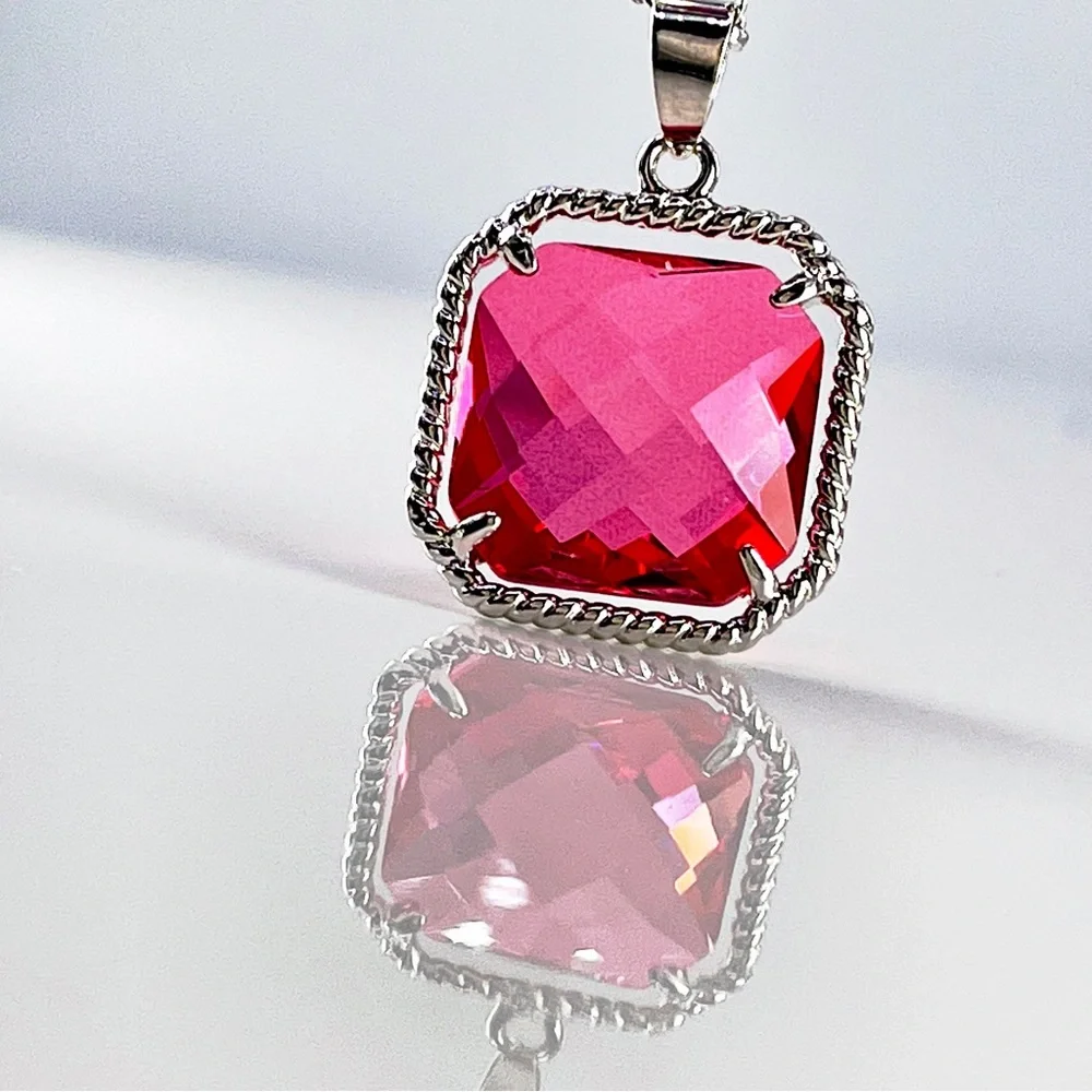 Faceted Pink Simulated Gemstone Necklace - Rhodium Plated Jeweled Pendant - NEW